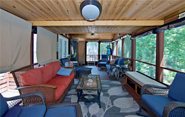 669 N Fleetwood Ln, Fair Play, SC 29643 - sunroom / solarium featuring outdoor lounge area, beamed ceiling, and ceiling fan