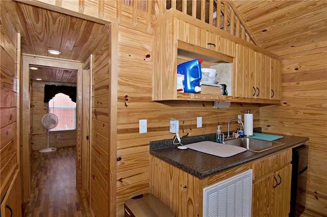 669 N Fleetwood Ln, Fair Play, SC 29643 - kitchen with wooden ceiling, a sink, dark countertops, wood finished floors, and wooden walls