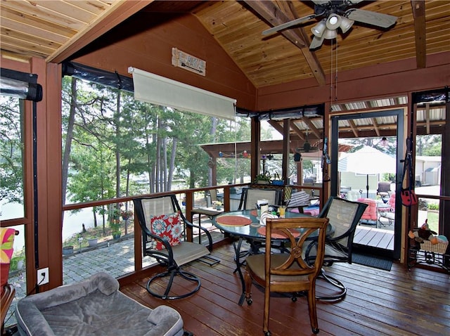 669 N Fleetwood Ln, Fair Play, SC 29643 - sunroom / solarium featuring ceiling fan, vaulted ceiling, hardwood / wood-style floors, wood ceiling, and a deck