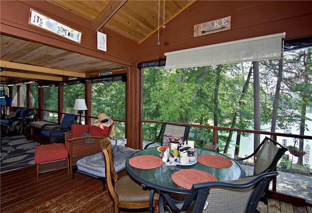 669 N Fleetwood Ln, Fair Play, SC 29643 - sunroom with wood ceiling, lofted ceiling, and a wooden deck