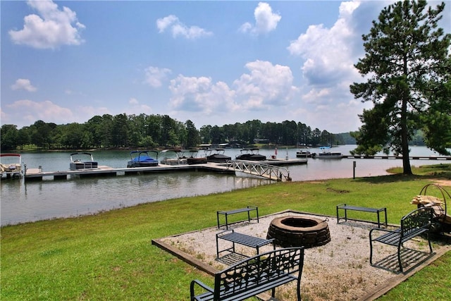669 N Fleetwood Ln, Fair Play, SC 29643 - view of property's community featuring an outdoor fire pit, a boat dock, a water view, and a yard