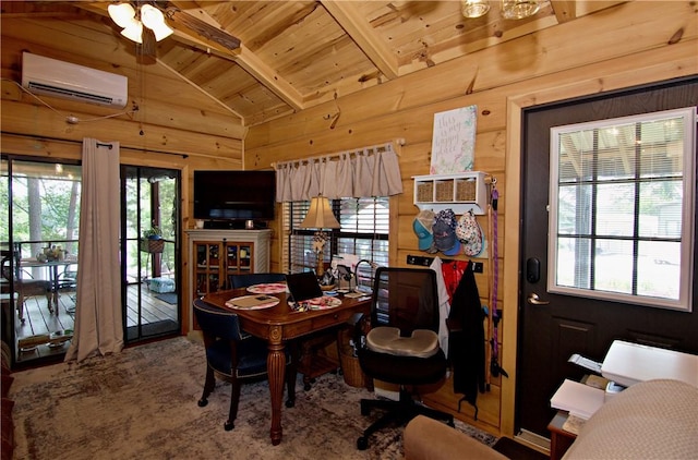 669 N Fleetwood Ln, Fair Play, SC 29643 - dining space with wood ceiling, an AC wall unit, a ceiling fan, and wood walls
