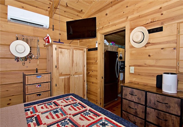 669 N Fleetwood Ln, Fair Play, SC 29643 - bedroom with a wall mounted air conditioner, wooden walls, and freestanding refrigerator