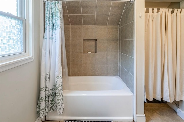 6913 White Horse Rd, Greenville, SC 29611 - full bath featuring shower / bathtub combination with curtain and tile patterned flooring