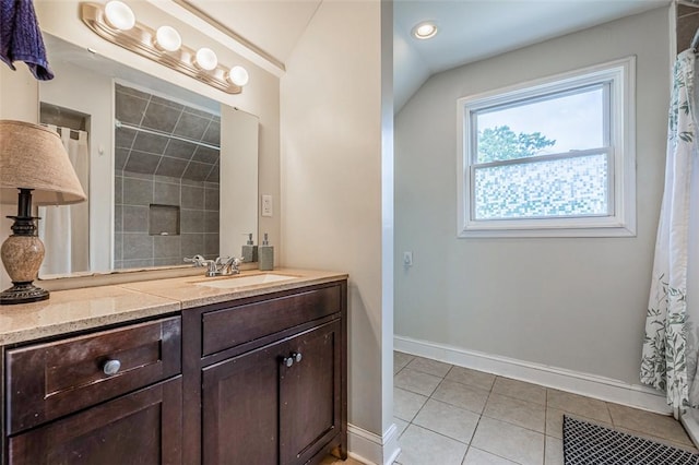 6913 White Horse Rd, Greenville, SC 29611 - full bath featuring baseboards, vanity, tile patterned floors, vaulted ceiling, and curtained shower