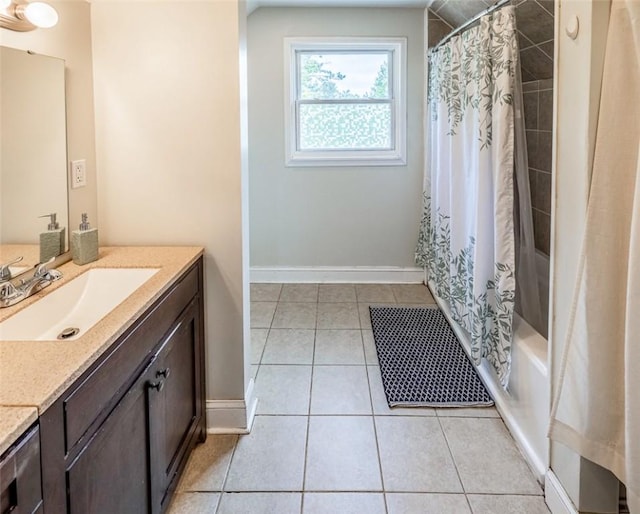 6913 White Horse Rd, Greenville, SC 29611 - full bathroom with vanity, baseboards, tile patterned flooring, and shower / tub combo with curtain