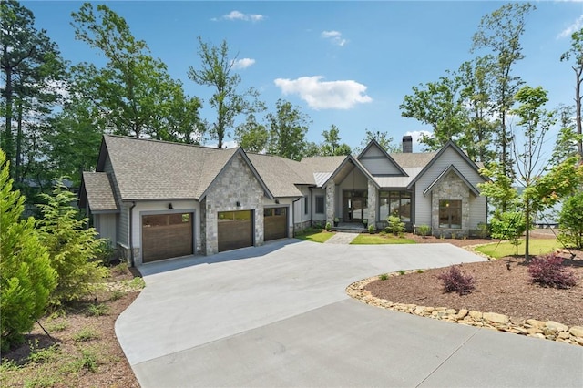 221 Hermitage Dr, Six Mile, SC 29682 - view of front facade with stone siding, concrete driveway, a chimney, a garage, and roof with shingles
