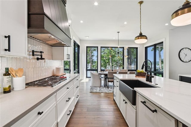 221 Hermitage Dr, Six Mile, SC 29682 - kitchen featuring a sink, custom range hood, stainless steel gas stovetop, recessed lighting, and tasteful backsplash