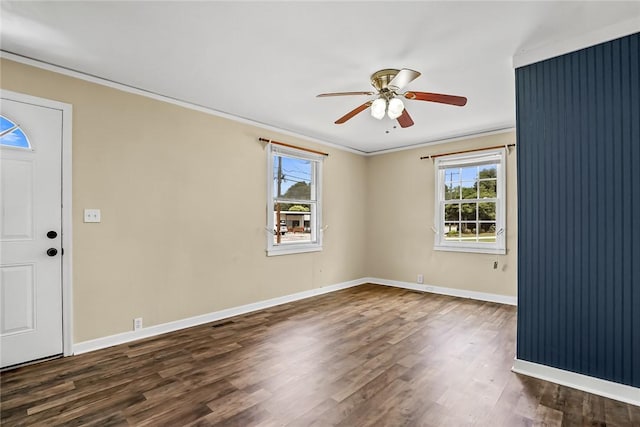 710 Greenville St, Pendleton, SC 29670 - spare room with plenty of natural light, ornamental molding, a ceiling fan, dark wood-style flooring, and baseboards