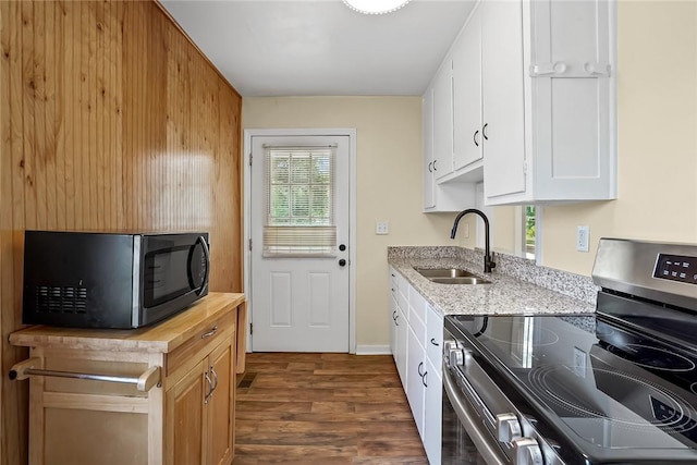 710 Greenville St, Pendleton, SC 29670 - kitchen featuring stainless steel electric range, black microwave, a sink, dark wood finished floors, and healthy amount of natural light