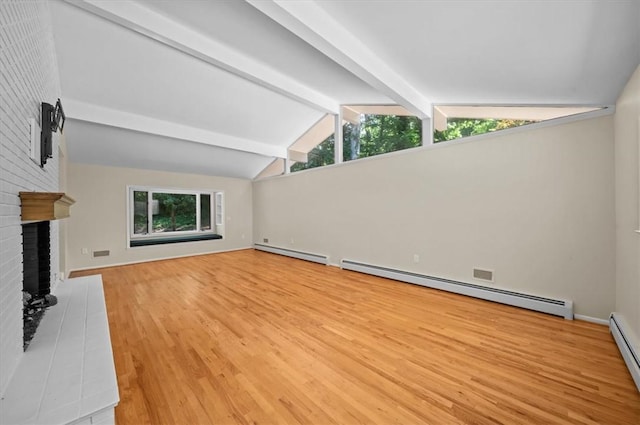 333 Woodland Way, Clemson, SC 29631 - unfurnished living room featuring a baseboard radiator, baseboard heating, a brick fireplace, wood finished floors, and plenty of natural light