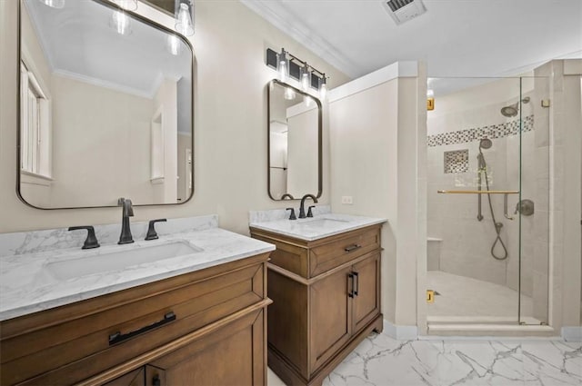 333 Woodland Way, Clemson, SC 29631 - bathroom featuring ornamental molding, marble finish flooring, a shower stall, and two vanities