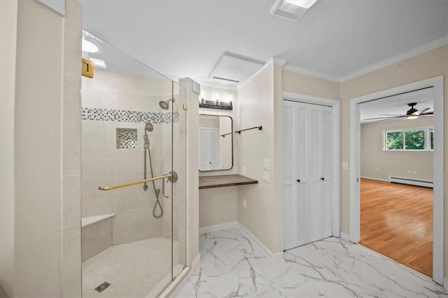 333 Woodland Way, Clemson, SC 29631 - bathroom featuring a baseboard heating unit, a stall shower, marble look tile flooring, a closet, and crown molding