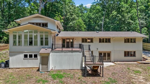 333 Woodland Way, Clemson, SC 29631 - rear view of house with stairway, a wooden deck, roof with shingles, and view of scattered trees