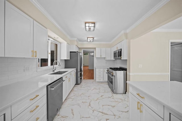333 Woodland Way, Clemson, SC 29631 - kitchen featuring stainless steel appliances, white cabinetry, decorative backsplash, light countertops, and ornamental molding