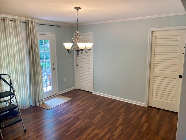 7 Carlisle Dr, Honea Path, SC 29654 - unfurnished dining area with dark wood-style flooring, a chandelier, ornamental molding, and baseboards