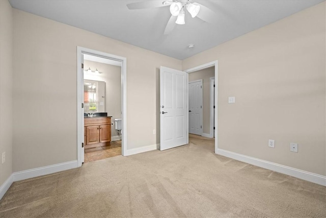 1814 Muscovy Way, Seneca, SC 29678 - unfurnished bedroom featuring light carpet, baseboards, connected bathroom, and ceiling fan
