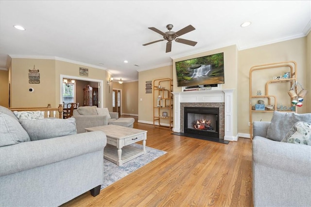 149 Summers Way, Seneca, SC 29672 - living area with a ceiling fan, wood finished floors, crown molding, recessed lighting, and a chandelier