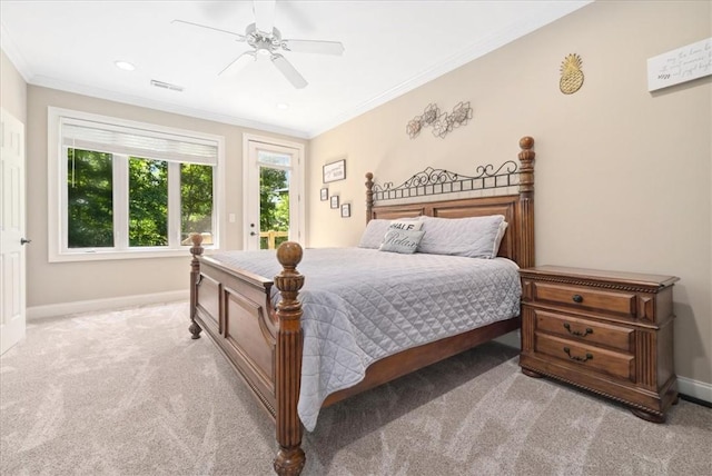 149 Summers Way, Seneca, SC 29672 - carpeted bedroom featuring crown molding, baseboards, ceiling fan, and access to exterior