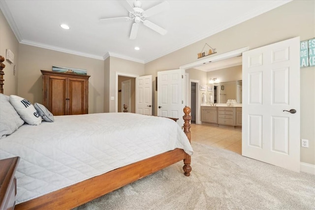 149 Summers Way, Seneca, SC 29672 - bedroom featuring crown molding, ensuite bathroom, recessed lighting, ceiling fan, and light carpet