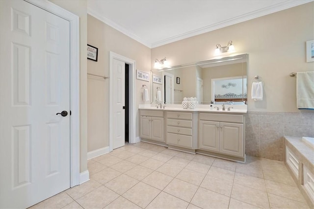 149 Summers Way, Seneca, SC 29672 - bathroom featuring double vanity, tile patterned floors, crown molding, tile walls, and a tub to relax in