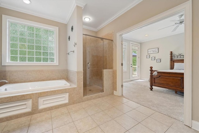 149 Summers Way, Seneca, SC 29672 - full bath with plenty of natural light, a garden tub, tile patterned flooring, a stall shower, and ornamental molding