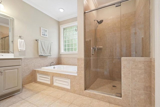 149 Summers Way, Seneca, SC 29672 - bathroom featuring ornamental molding, a bath, a shower stall, vanity, and tile patterned flooring