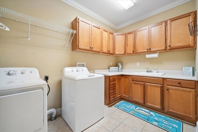 149 Summers Way, Seneca, SC 29672 - washroom featuring cabinet space, washing machine and clothes dryer, ornamental molding, and light tile patterned flooring