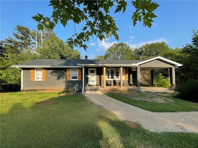 650 Marcengill Rd, Westminster, SC 29693 - ranch-style house featuring a porch, a front lawn, a carport, and a chimney