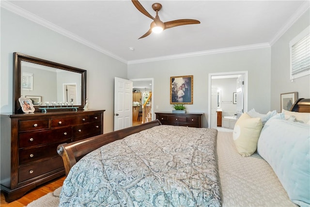 606 Lighthouse Ct, Seneca, SC 29672 - bedroom with crown molding, wood finished floors, a ceiling fan, and ensuite bath