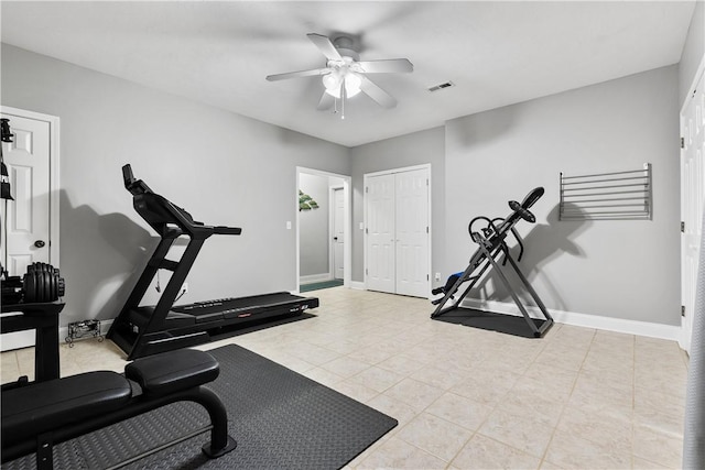 606 Lighthouse Ct, Seneca, SC 29672 - workout room featuring a ceiling fan, tile patterned flooring, and baseboards