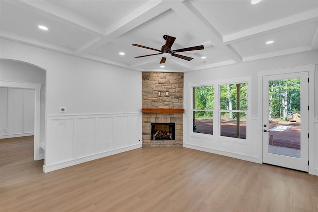 104 Hart Rd, Anderson, SC 29621 - unfurnished living room featuring coffered ceiling, light wood finished floors, ceiling fan, recessed lighting, and a fireplace