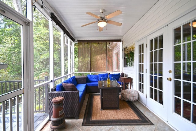 203 Tulip Tree Ct, Easley, SC 29642 - sunroom / solarium featuring french doors, an outdoor hangout area, ceiling fan, and plenty of natural light