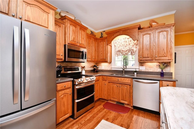 203 Tulip Tree Ct, Easley, SC 29642 - kitchen featuring appliances with stainless steel finishes, ornamental molding, a sink, light wood-style floors, and decorative backsplash