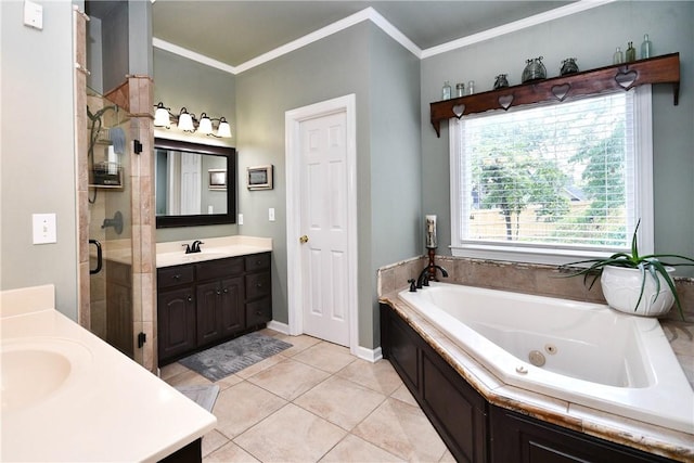 203 Tulip Tree Ct, Easley, SC 29642 - bathroom with two vanities, a jetted tub, crown molding, a stall shower, and tile patterned flooring