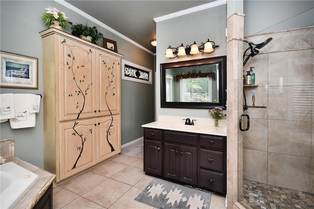 203 Tulip Tree Ct, Easley, SC 29642 - full bathroom with a stall shower, vanity, tile patterned flooring, ornamental molding, and tiled bath