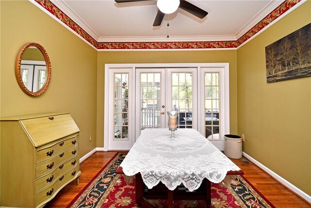203 Tulip Tree Ct, Easley, SC 29642 - dining area with french doors, a ceiling fan, dark wood-style floors, ornamental molding, and baseboards