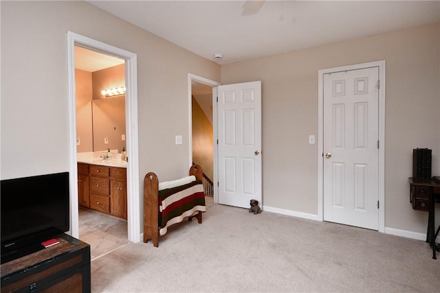 203 Tulip Tree Ct, Easley, SC 29642 - bedroom featuring light colored carpet, ensuite bathroom, baseboards, and a ceiling fan