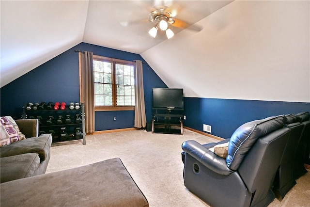 203 Tulip Tree Ct, Easley, SC 29642 - carpeted living area with a ceiling fan, vaulted ceiling, and baseboards