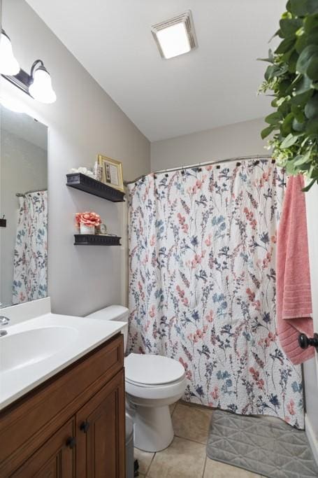 6352 Valley Farm Rd, Seneca, SC 29678 - bathroom featuring vanity, toilet, tile patterned floors, and curtained shower
