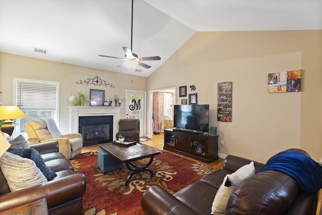 6352 Valley Farm Rd, Seneca, SC 29678 - living room with a fireplace, wood finished floors, a ceiling fan, and high vaulted ceiling