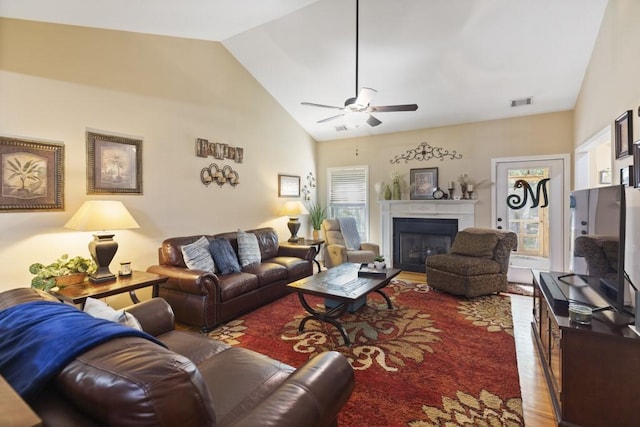 6352 Valley Farm Rd, Seneca, SC 29678 - living area with a ceiling fan, a fireplace, high vaulted ceiling, and wood finished floors