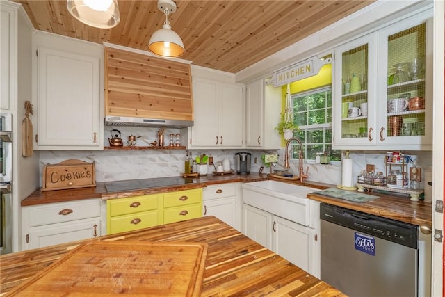 79 Blue Heron Cv, Abbeville, SC 29620 - kitchen featuring dishwasher, butcher block counters, wood ceiling, black electric stovetop, and backsplash