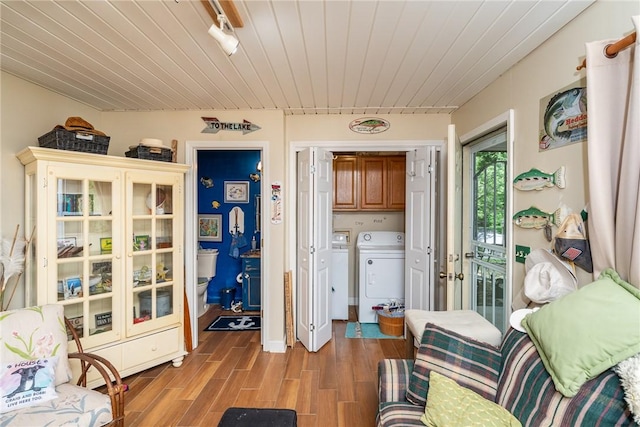 79 Blue Heron Cv, Abbeville, SC 29620 - sitting room with separate washer and dryer, light wood-type flooring, and wooden ceiling