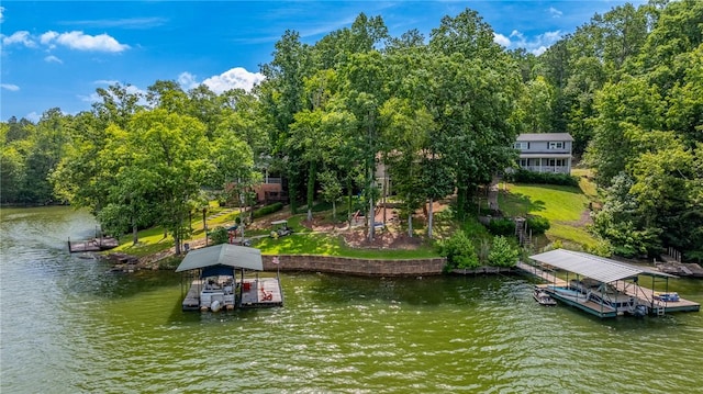 79 Blue Heron Cv, Abbeville, SC 29620 - dock area with a water view, boat lift, and a lawn