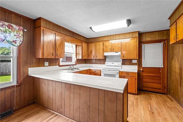 2909 Olive St, Anderson, SC 29625 - kitchen with white range with electric cooktop, under cabinet range hood, brown cabinets, wood walls, and a textured ceiling
