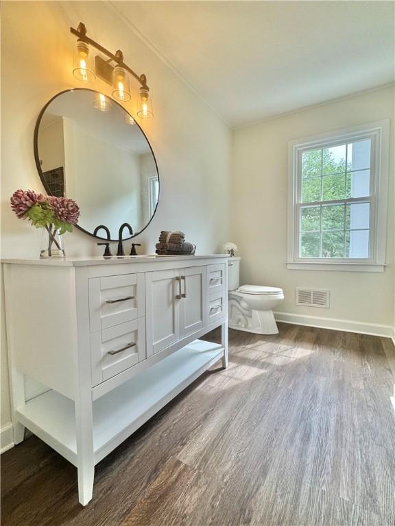 102 Buckingham Ct, Easley, SC 29640 - bathroom featuring wood finished floors, vanity, toilet, baseboards, and ornamental molding