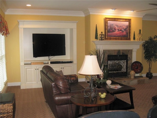 307 Holly Ridge Dr, Anderson, SC 29621 - carpeted living area with a fireplace, ornamental molding, and baseboards