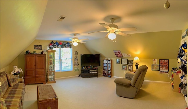 307 Holly Ridge Dr, Anderson, SC 29621 - carpeted living area with lofted ceiling, baseboards, and a ceiling fan