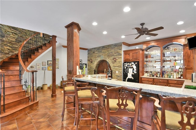 405 Windcrest Ct, Salem, SC 29676 - indoor wet bar featuring freestanding refrigerator, a ceiling fan, recessed lighting, stairway, and crown molding